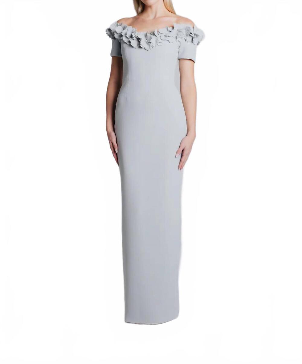 NEW CATHERINE REGEHR off shoulder v-neck gown with magnolias in pale blue